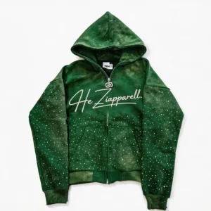 Custom Embroidered Zip-Up Hoodies with Rhinestone Accents in Emerald Green