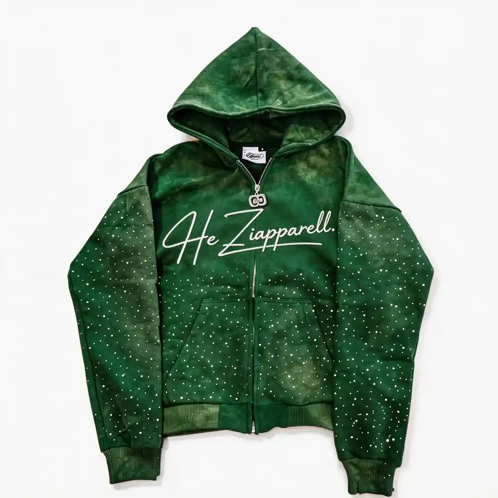 Custom Embroidered Zip-Up Hoodies with Rhinestone Accents in Emerald Green