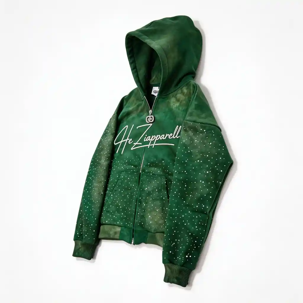 Custom Embroidered Zip-Up Hoodies with Rhinestone Accents in Emerald Green - Image 3
