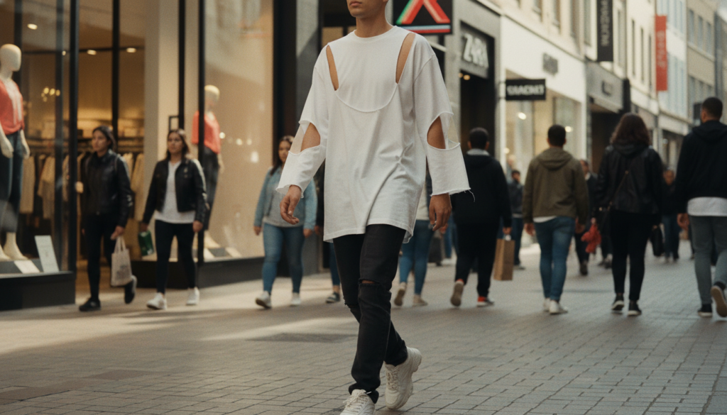 Real photography of a vibrant shopping district featuring fast fashion retailers similar to Zara and H&M