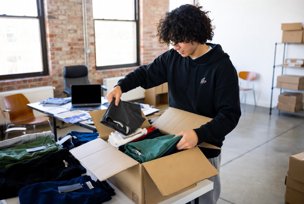 Realistic photo of startup founder reviewing first small batch custom apparel production run samples – MOQ 30 pieces success story.