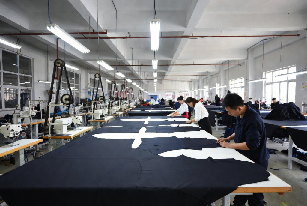 Workers cutting fabric at the Hezi Apparel clothing factory |