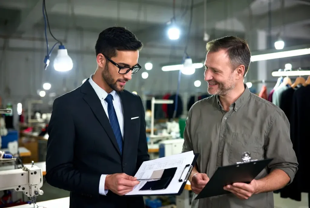 Indian buyers are discussing the fabric options offered by custom clothing manufacturer Heziapparel.