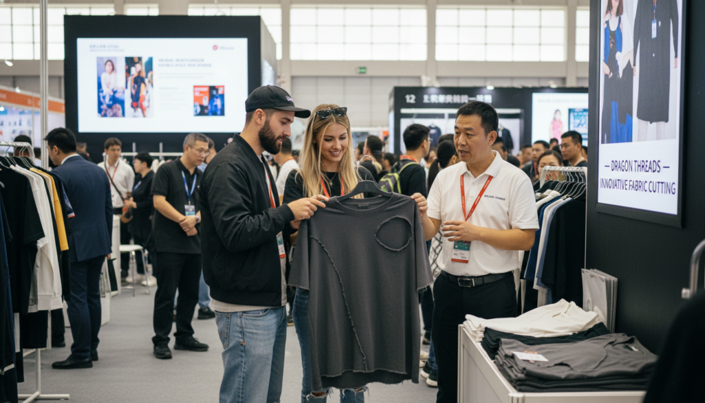 A client from the United States selects clothing from Chinese suppliers at the Canton Fair.