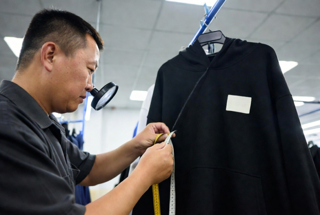 Quality control inspectors at a custom clothing manufacturer are reviewing garment styles scheduled for mass production.