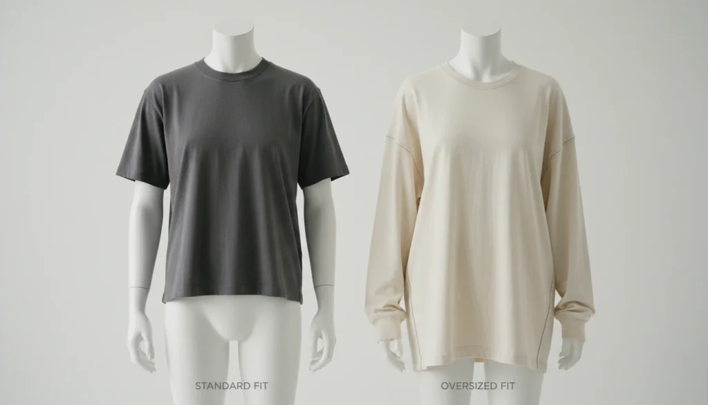 Side-by-side fit comparison: Standard retail t-shirt (left) with tight crew neck and short body on mannequin versus custom oversized t-shirt (right) showing dramatic drop shoulders, elongated torso, and relaxed drape – product photography in neutral studio lighting