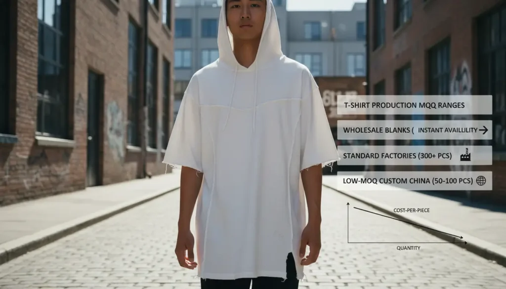 MOQ ranges for t-shirt production – Wholesale blanks (no MOQ), Standard factories (300+ pcs), Low-MOQ custom apparel manufacturers China (50–100 pcs) with cost-per-piece curve dropping as quantity increases