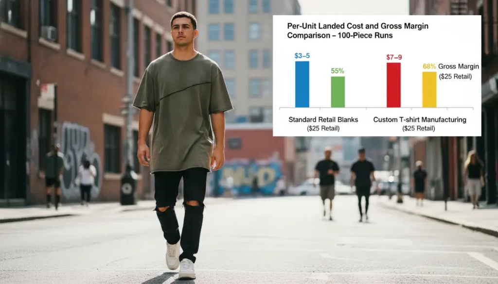 Bar chart: Per-unit landed cost and gross margin comparison – Standard retail blanks ($3–5 cost, 55% margin at $25 retail) vs Custom t-shirt manufacturing ($7–9 cost, 68% margin at $42 retail) for 100-piece runs