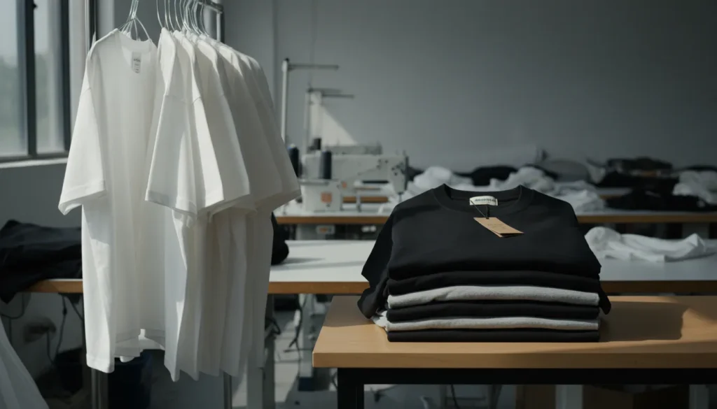 Photorealistic factory scene in dramatic side lighting, 16:9 ratio: left side shows a messy pile of identical plain white standard retail blank t-shirts with generic crew necks and boxy fits hanging limply; right side displays neatly folded premium custom oversized streetwear t-shirts in black and heather grey with dramatic drop shoulders, elongated torsos, and visible woven private label tags, subtle fabric texture and stitching details visible, modern Chinese apparel workshop background with sewing machines and pattern tables, high-resolution product photography style, sharp focus, natural colors, no text or logos.
