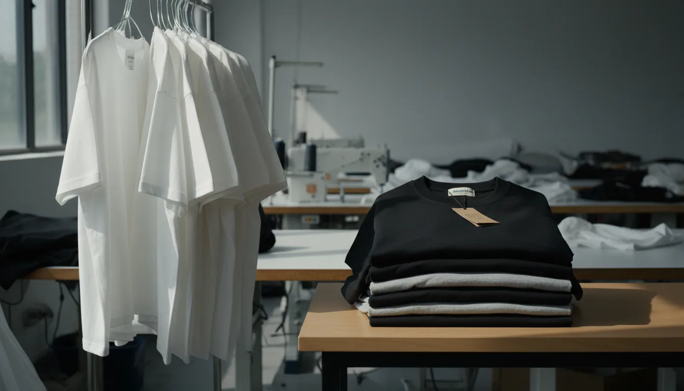 Photorealistic factory scene in dramatic side lighting, 16:9 ratio: left side shows a messy pile of identical plain white standard retail blank t-shirts with generic crew necks and boxy fits hanging limply; right side displays neatly folded premium custom oversized streetwear t-shirts in black and heather grey with dramatic drop shoulders, elongated torsos, and visible woven private label tags, subtle fabric texture and stitching details visible, modern Chinese apparel workshop background with sewing machines and pattern tables, high-resolution product photography style, sharp focus, natural colors, no text or logos.