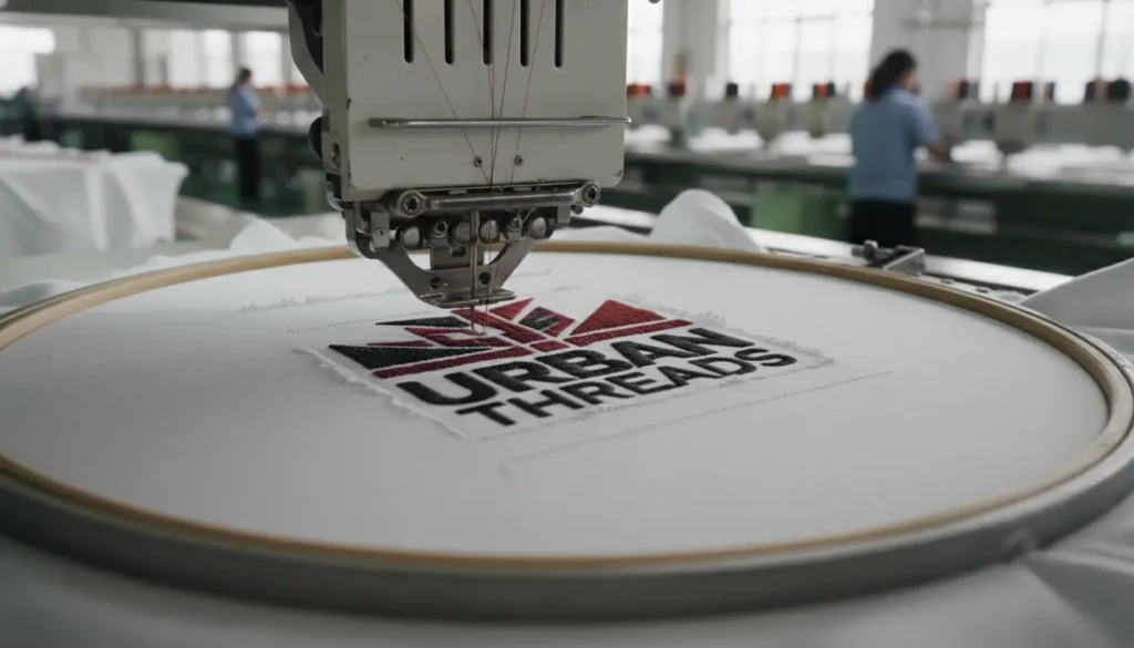 Close-up of high-precision embroidery machine stitching a detailed logo on a white cotton t-shirt in a professional Chinese factory setting——Top Embroidered Shirt Manufacturers China Low MOQ 2026