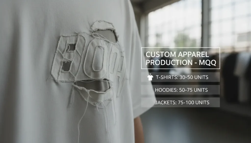 Infographic explaining minimum order quantities (MOQ) for custom apparel production, showing examples from 30 to 100 units.