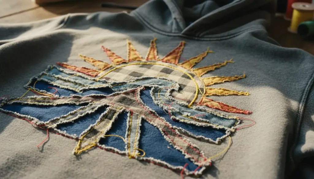 Appliqué embroidery with distressed raw edges