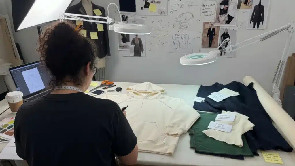  Realistic studio photograph of an apparel designer carefully iterating on clothing prototypes and fabric samples at a professional workbench, embodying the problem-solving mindset for hero product development.