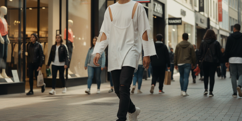Real photography of a vibrant shopping district featuring fast fashion retailers similar to Zara and H&M