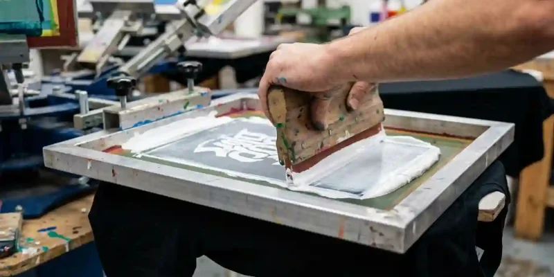 A close-up action shot of a manual screen printing press pushing plastisol ink through a mesh screen onto a black t-shirt.