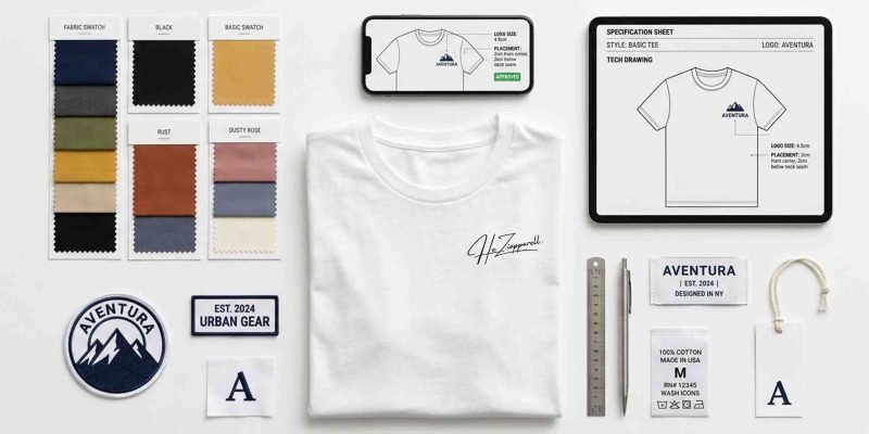 A flat lay of a basic white t-shirt surrounded by design elements