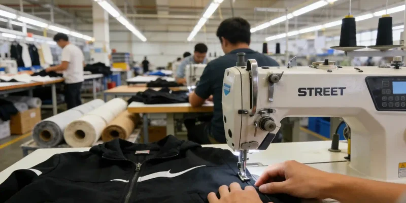 Realistic photography of a clothing manufacturing factory with workers assembling streetwear on modern sewing machines.