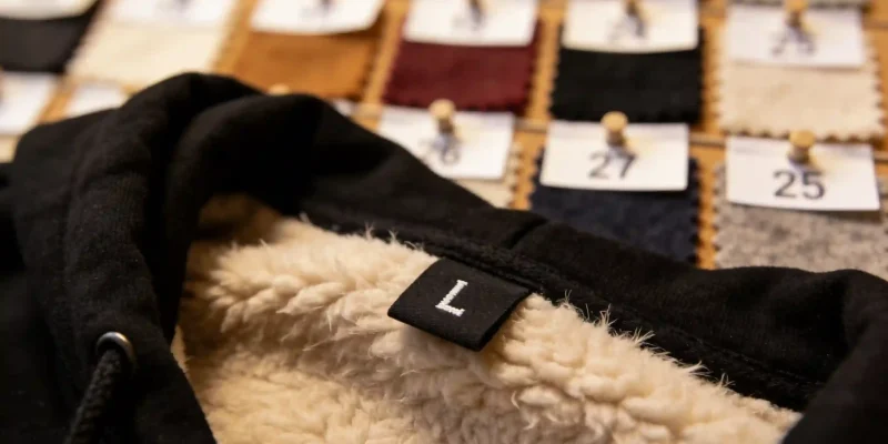 The label on the neck of a high-end black hoodie shows the size L