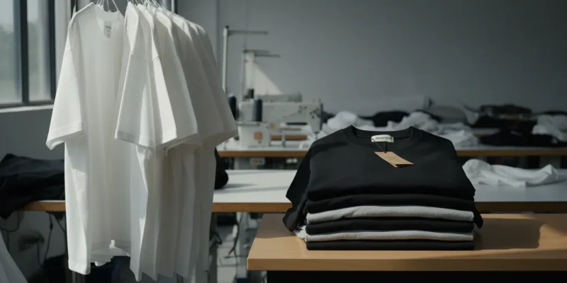 Photorealistic factory scene in dramatic side lighting, 16:9 ratio: left side shows a messy pile of identical plain white standard retail blank t-shirts with generic crew necks and boxy fits hanging limply; right side displays neatly folded premium custom oversized streetwear t-shirts in black and heather grey with dramatic drop shoulders, elongated torsos, and visible woven private label tags, subtle fabric texture and stitching details visible, modern Chinese apparel workshop background with sewing machines and pattern tables, high-resolution product photography style, sharp focus, natural colors, no text or logos.