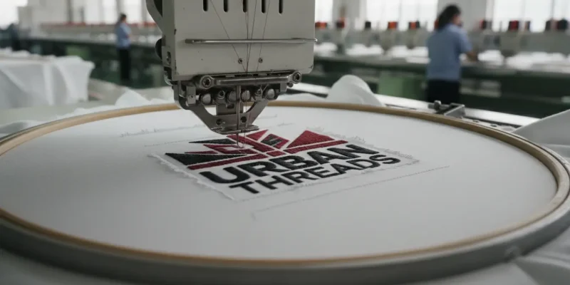 Close-up of high-precision embroidery machine stitching a detailed logo on a white cotton t-shirt in a professional Chinese factory setting.